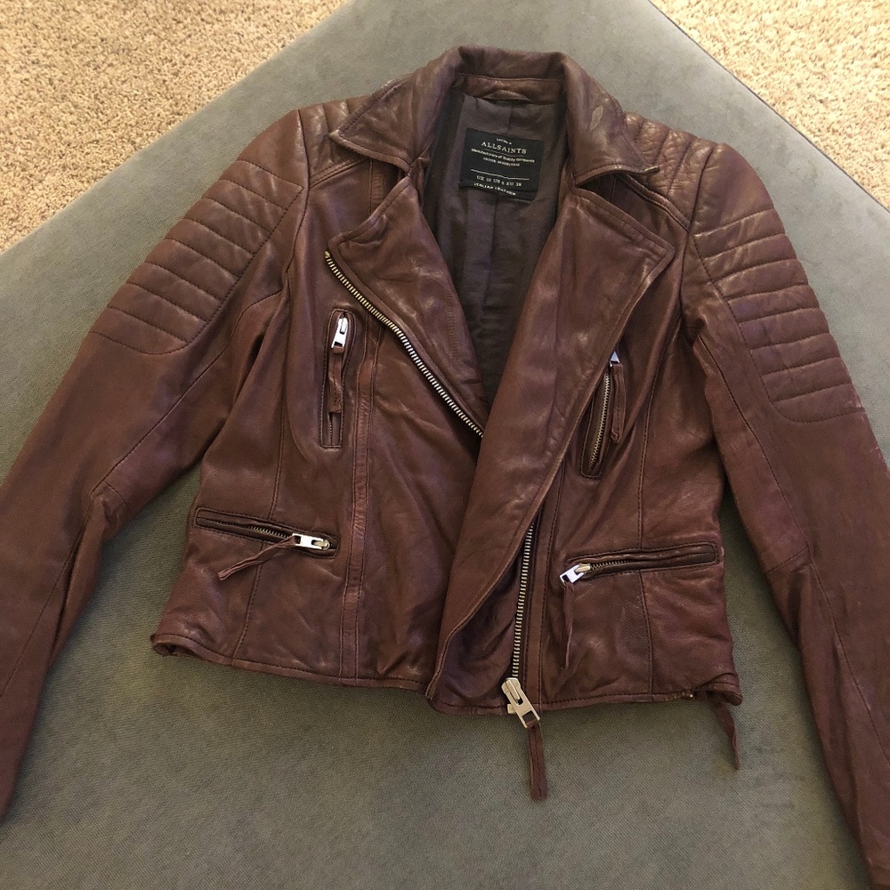 All Saints Genuine Leather Jacket in Cognac
